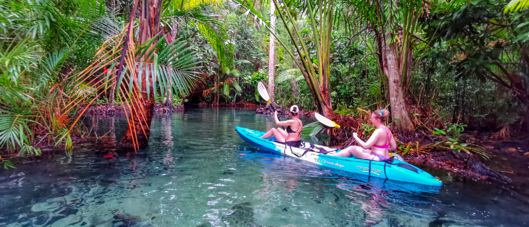 Two women paddle a blue kayak on pristine emerald water through a lush Krabi jungle.