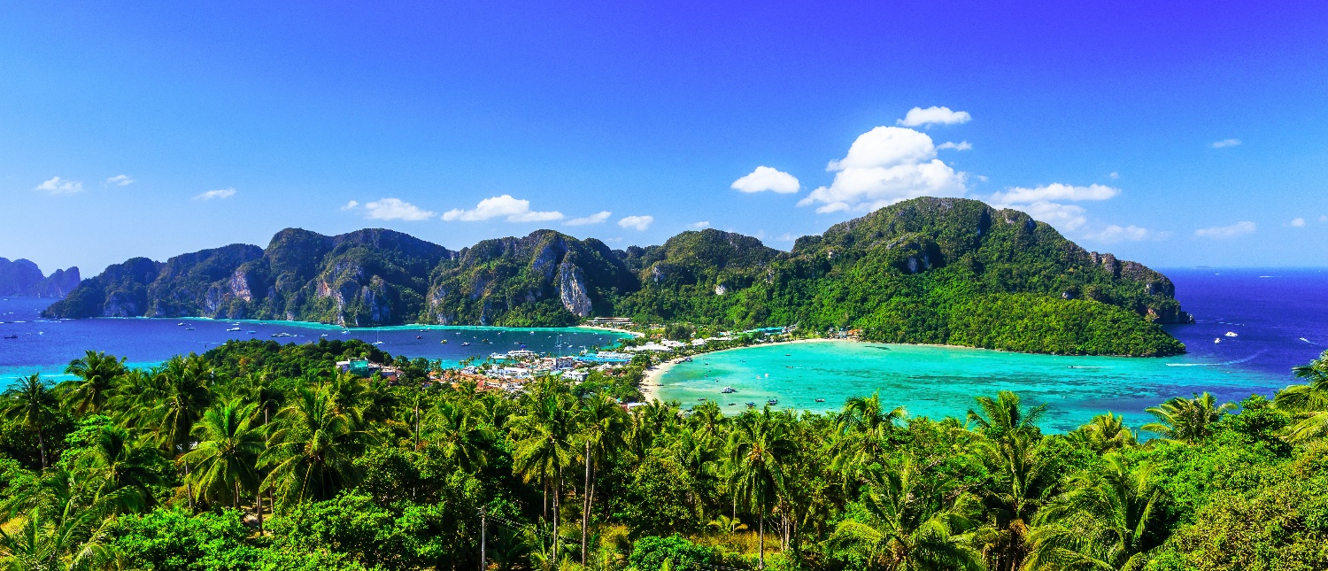 Panoramic view of Koh Phi Phi's twin bays with turquoise water, lush palms, and towering limestone cliffs.