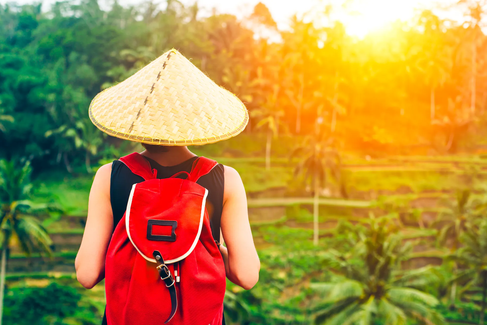 Backpacker in a conical hat and red backpack overlooks sunlit green rice terraces in Bali.