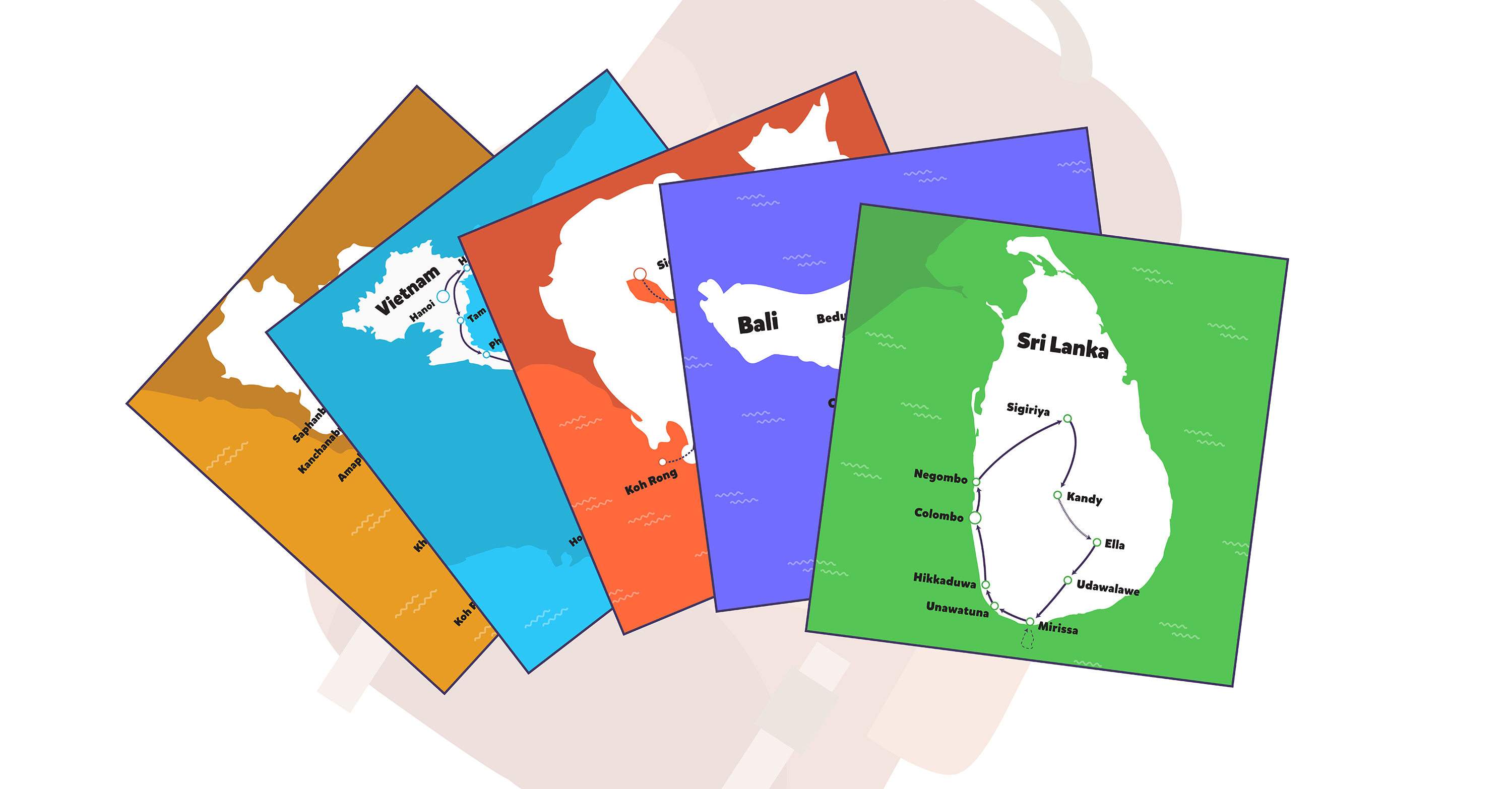 Stylized maps of Vietnam, Bali, and Sri Lanka with various travel routes.