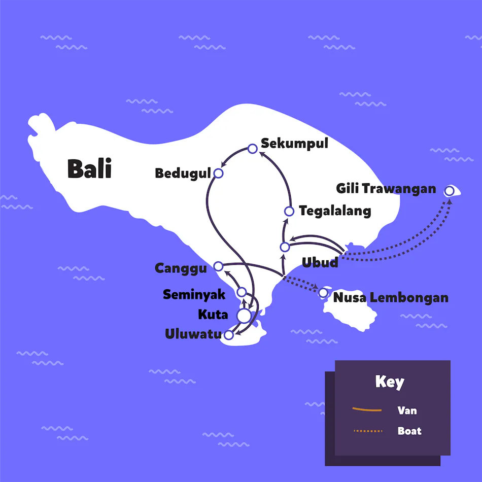 Map of Bali and nearby islands showing a backpacking tour route by van and boat.