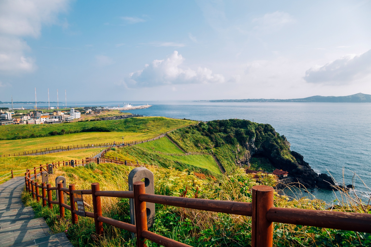 A winding coastal path on green cliffs overlooks the blue ocean in South Korea.