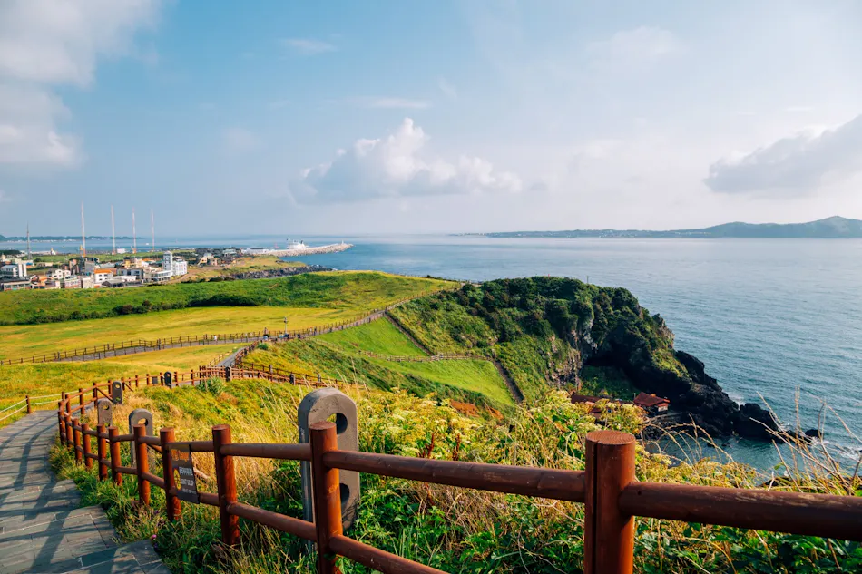 A winding coastal path on green cliffs overlooks the blue ocean in South Korea.