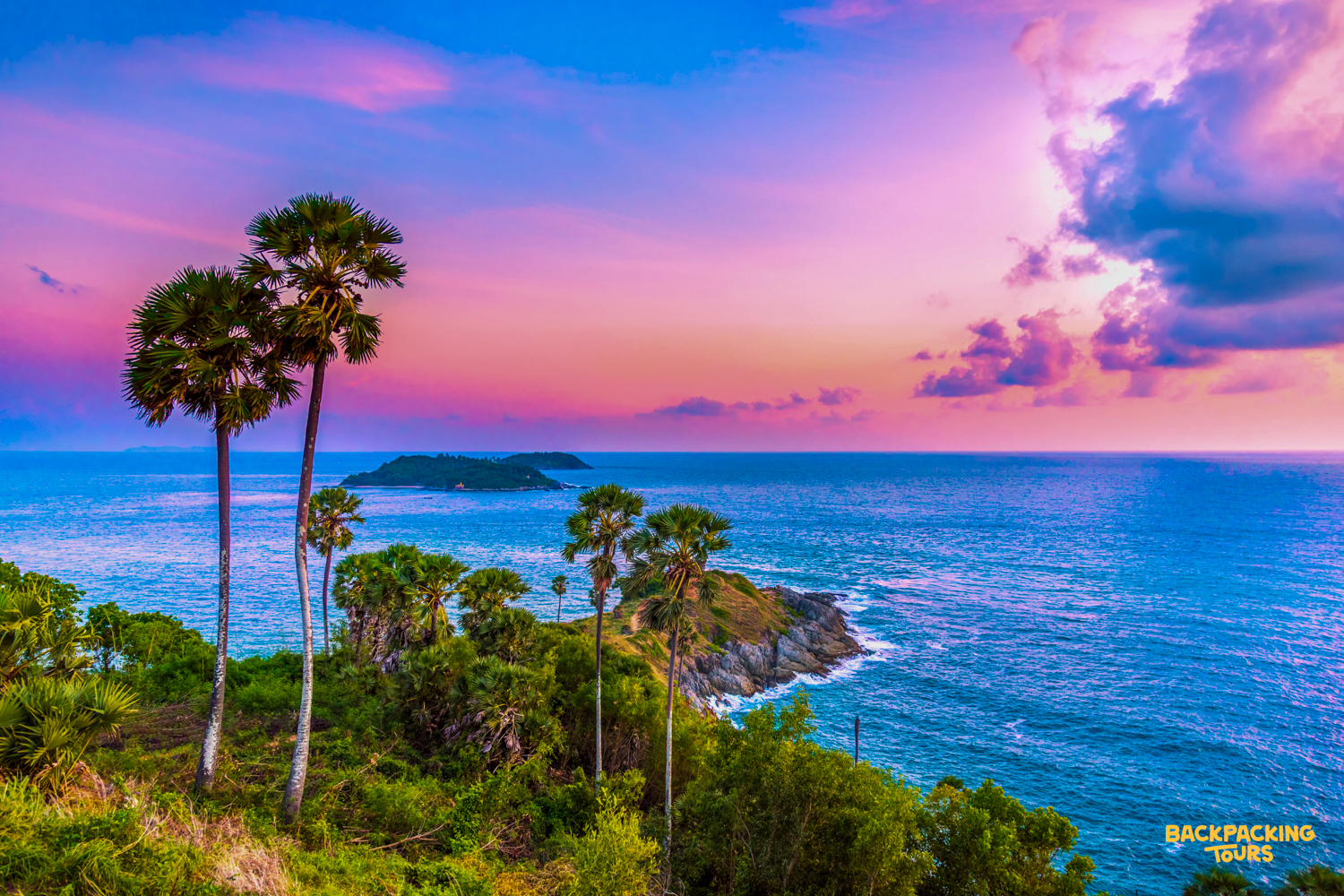 Scenic sunset view of Phuket coastline with turquoise water during the backpacking tour