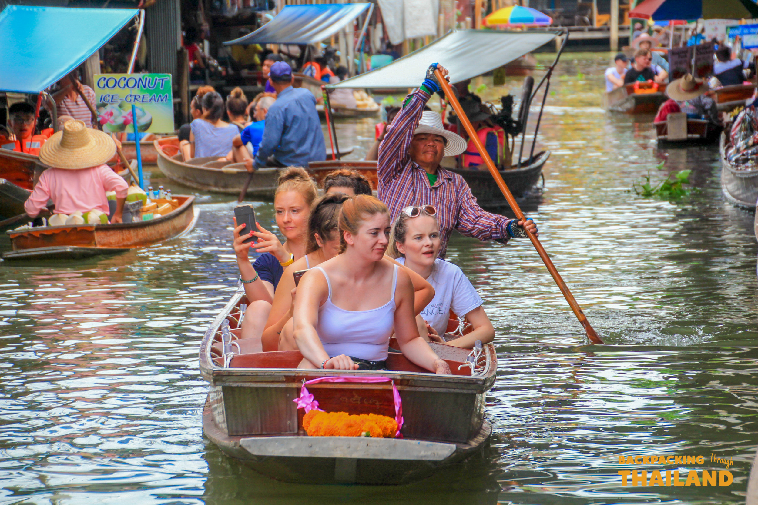 Colorful boats at Damnoen Saduak floating market Thailand.