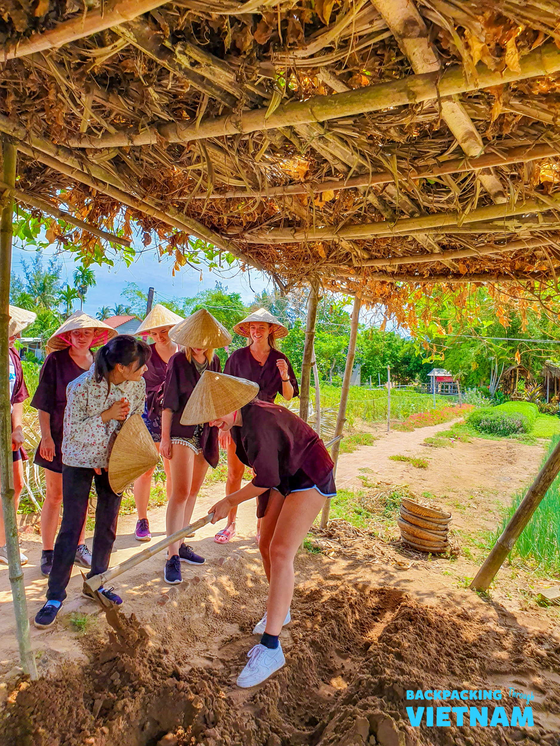 Travelers wearing conical hats learn to dig and farm at an organic farm in Hoi An.