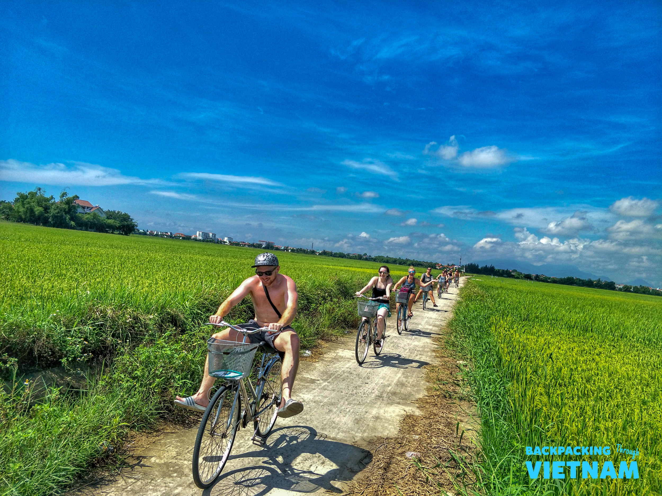 Tourists cycle through vibrant green rice fields under a bright blue sky in Hoi An, Vietnam.