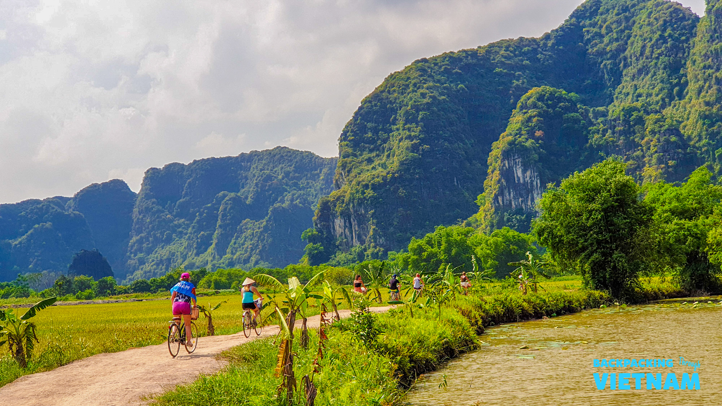 Tourists cycle along a dirt path through vibrant green rice paddies with majestic limestone mountains in Tam Coc, Vietnam.
