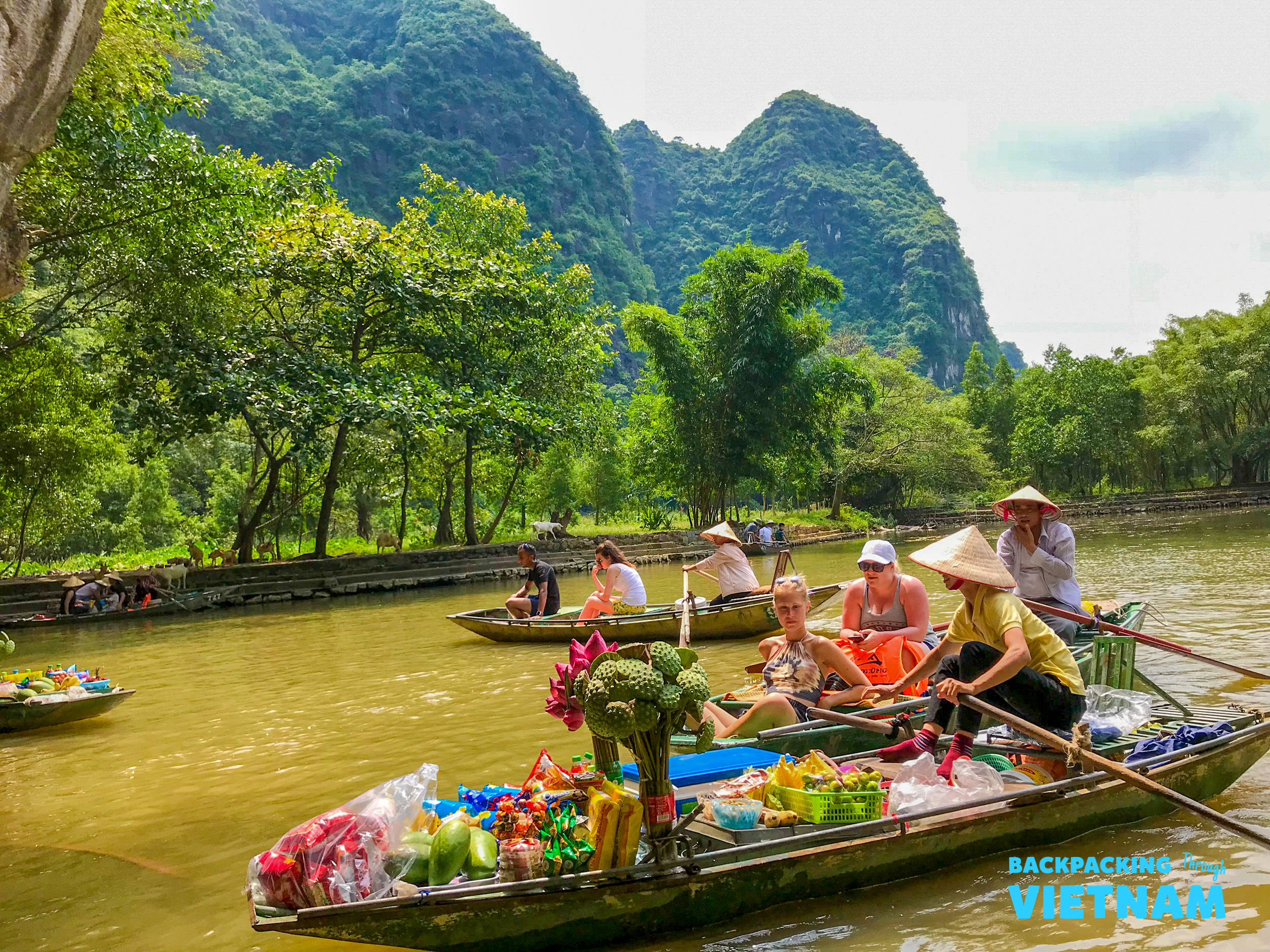 Travelers on a traditional boat tour, passing local vendors and majestic limestone mountains in Tam Coc.