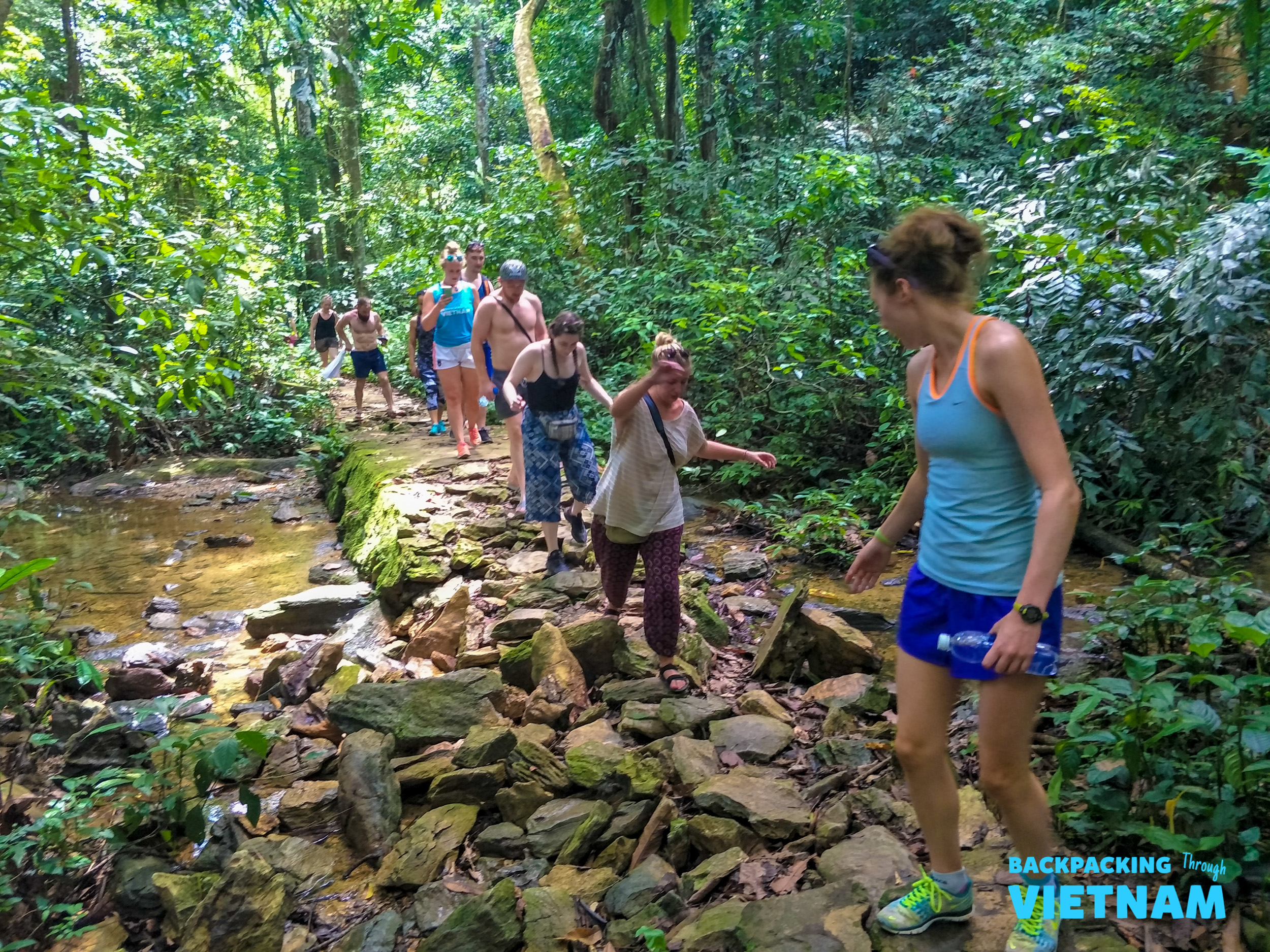A group of backpackers trek through a lush jungle on a rocky path in Phong Nha, Vietnam.