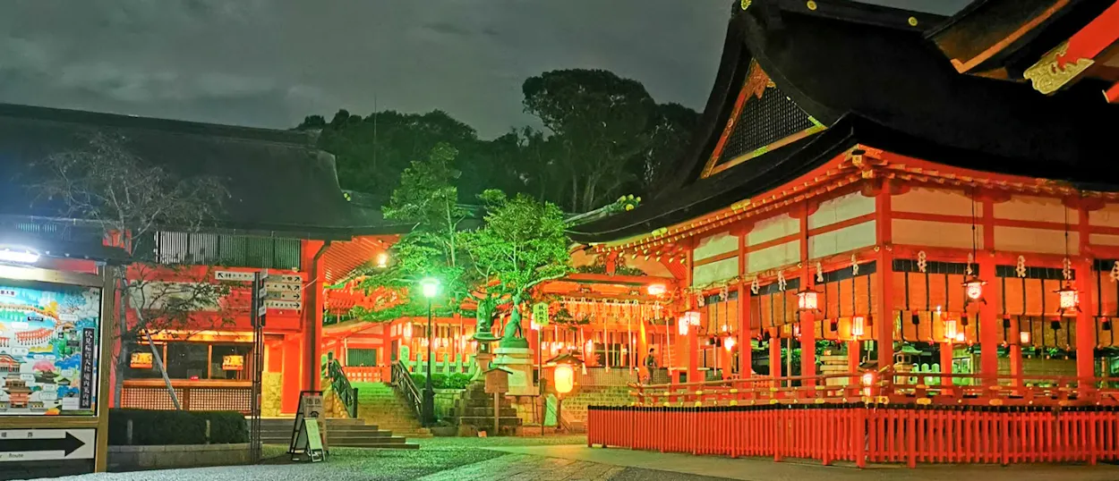 Senso-ji temple in Tokyo at night, with traditional red buildings and glowing lanterns.