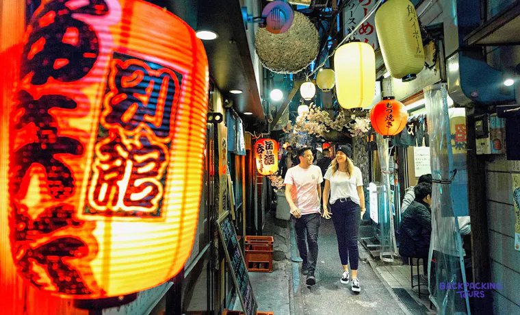 Red lanterns lighting the tiny bars of Tokyo's Omoide Yokocho