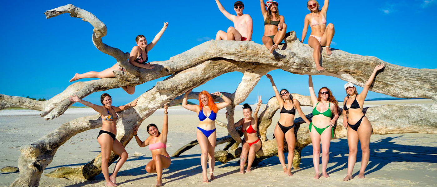 A group of happy friends in swimsuits posing on a large driftwood log at Whitehaven Beach.