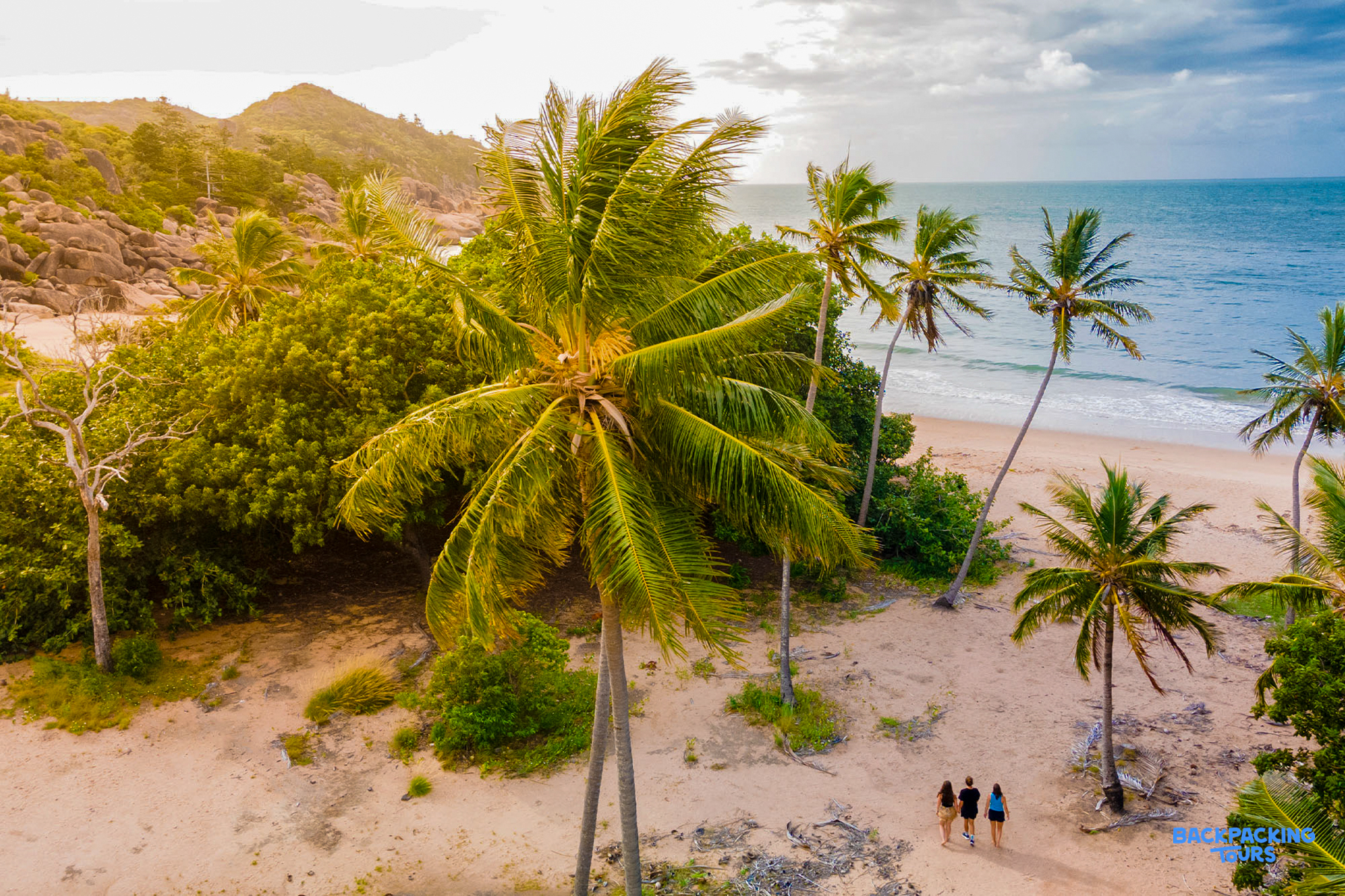 Three people stroll along a golden sandy beach, lined with palm trees, on Magnetic Island.