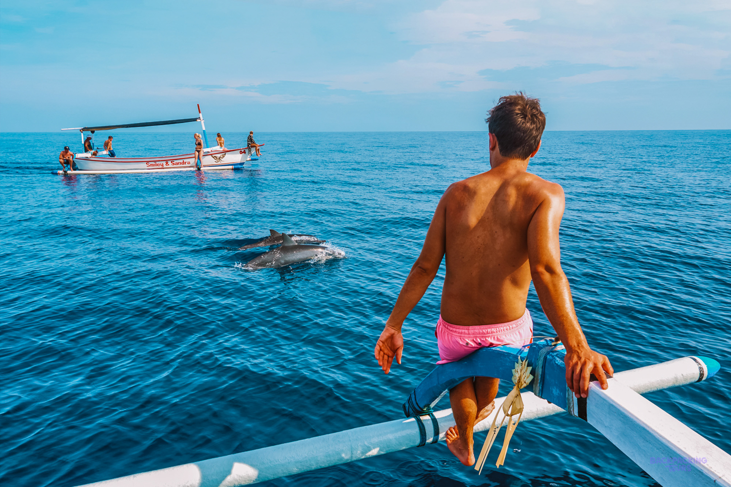 Man on an outrigger boat watching wild dolphins swim in the clear blue ocean near Lovina.