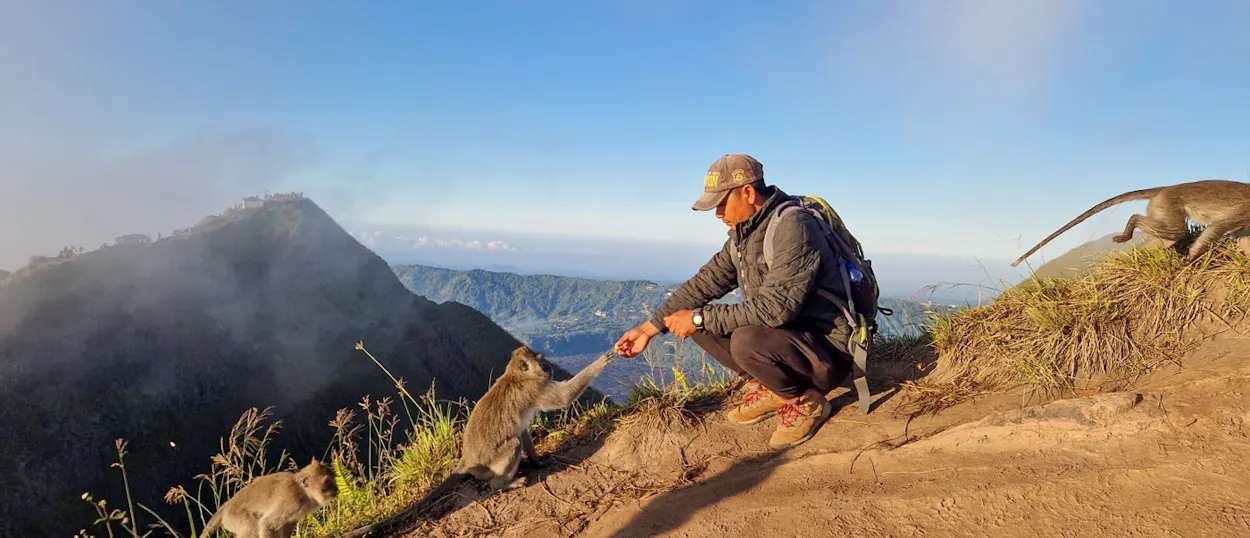 Hiker feeding a monkey on the volcanic slopes of Mount Batur with panoramic views.