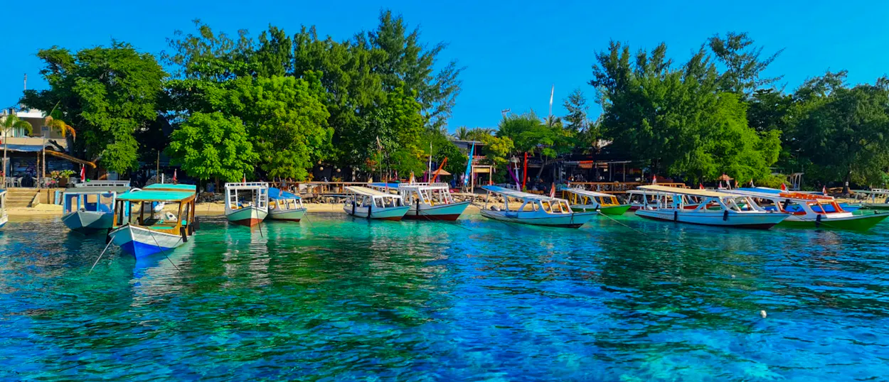 Boats resting in clear turquoise water near a sandy beach with lush trees and buildings, Pemuteran.