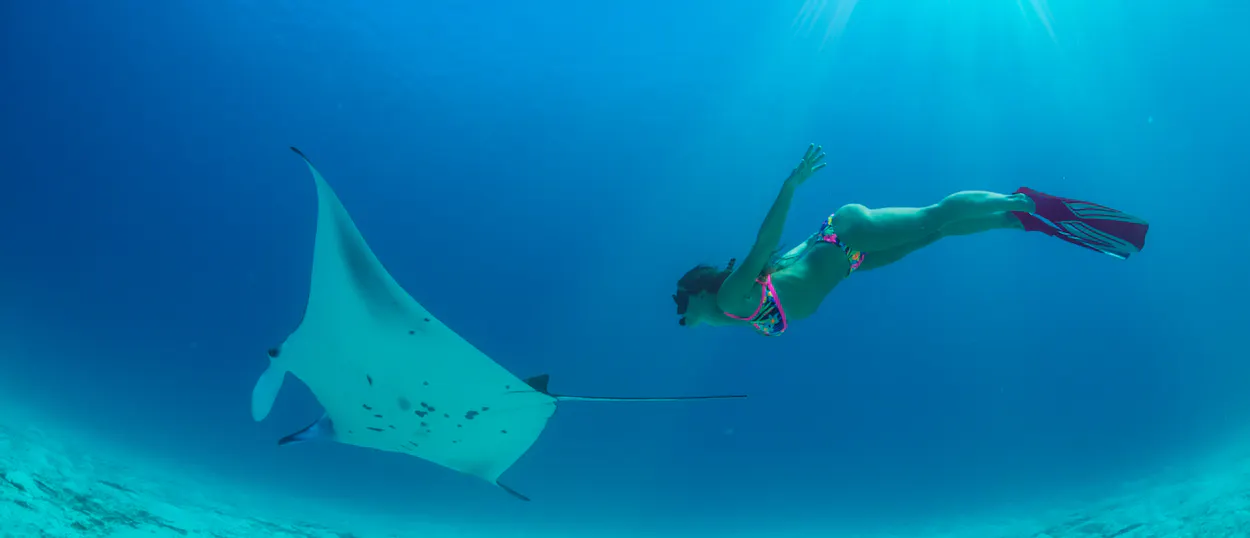 A woman gracefully swims alongside a majestic manta ray in the clear blue waters of Nusa Penida.