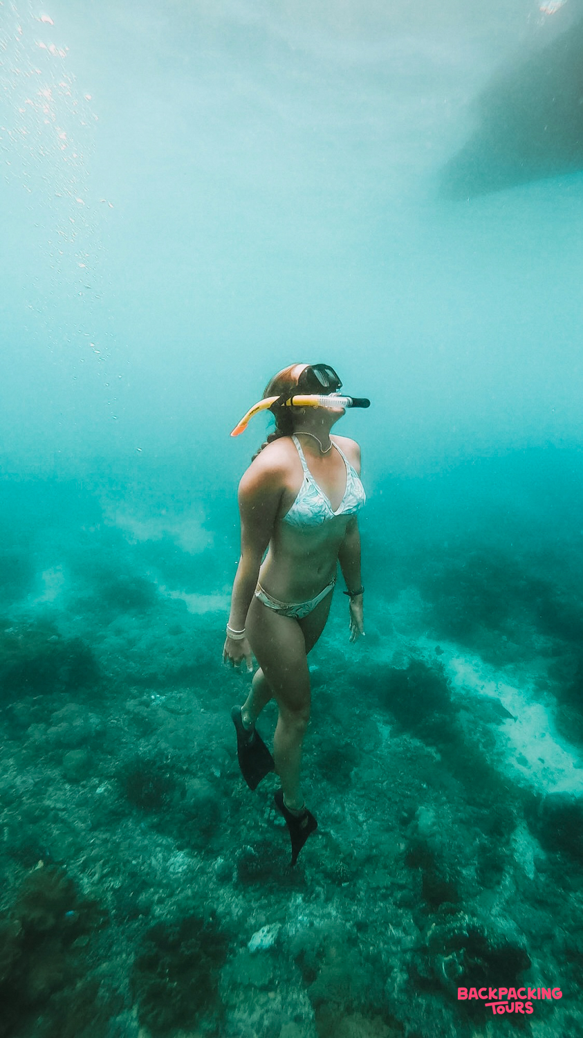 A woman snorkels in the clear turquoise waters above coral reefs near Menjangan Island, Bali.