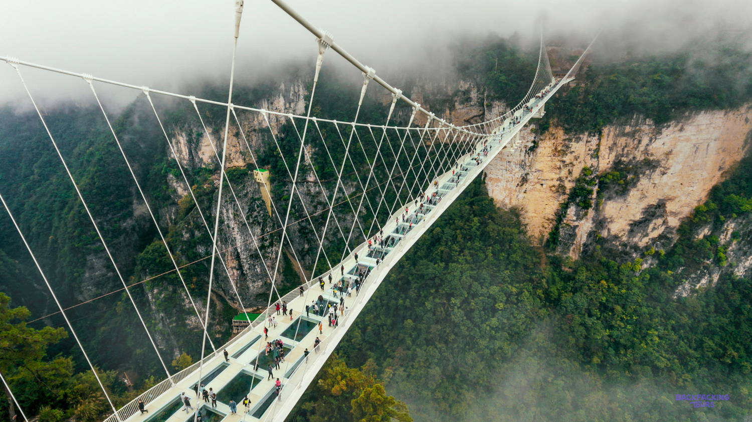People walk on the stunning Zhangjiajie glass bridge suspended over a misty mountain valley.