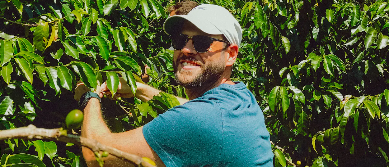 A smiling man in sunglasses and a cap inspecting green coffee cherries on a farm in Salento.