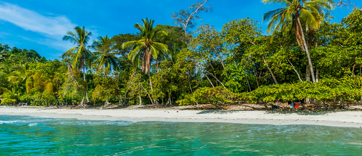 White sand beach with turquoise water and lush jungle, a paradise in Manuel Antonio National Park.
