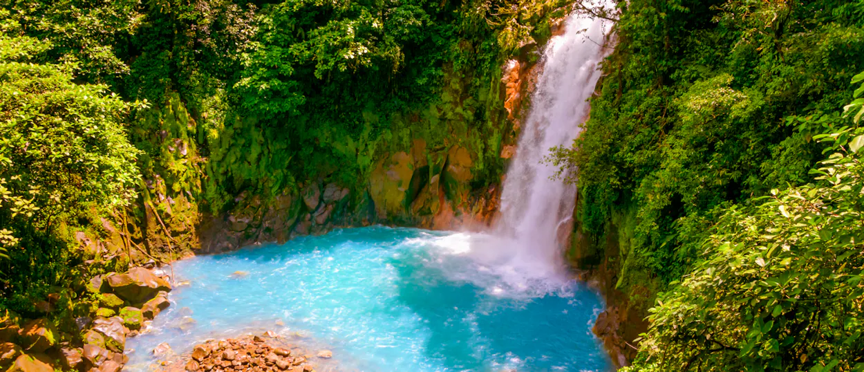 A stunning blue waterfall plunges into a vibrant pool surrounded by lush rainforest in Costa Rica.