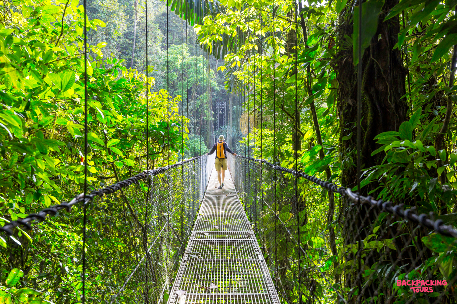 An adventurer crosses a metal hanging bridge, immersed in the dense, vibrant Costa Rican jungle.
