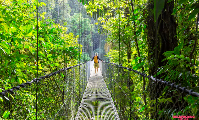 An adventurer crosses a metal hanging bridge, immersed in the dense, vibrant Costa Rican jungle.