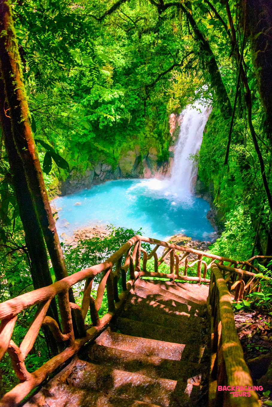 Descend rustic steps to a breathtaking waterfall plunging into a bright blue jungle pool in Costa Rica.