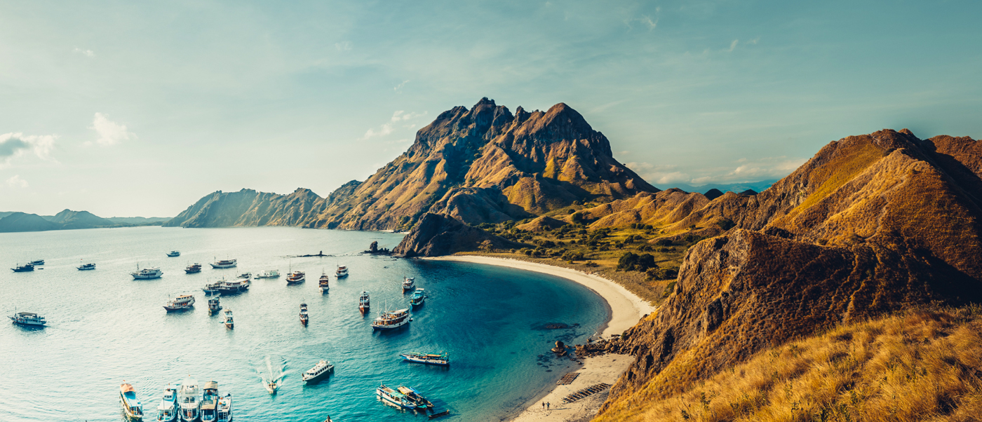 Many boats in a clear blue bay with a white sand beach, surrounded by golden hills.