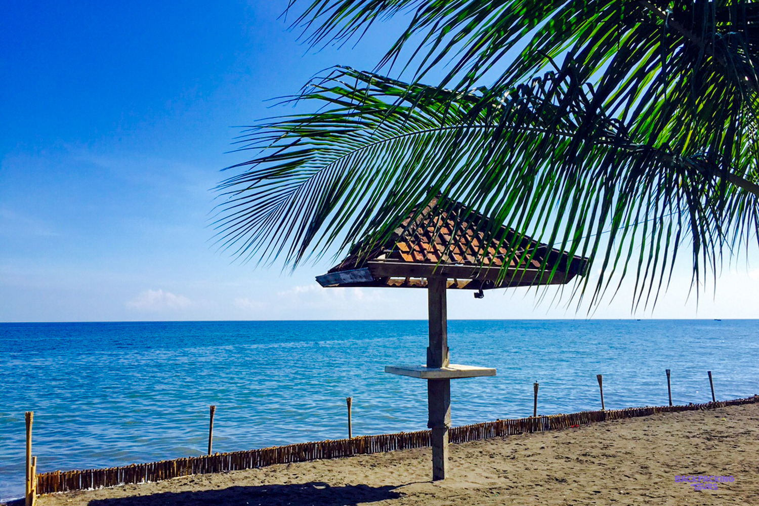 A thatched beach umbrella and palm fronds frame the calm blue sea from the sand.