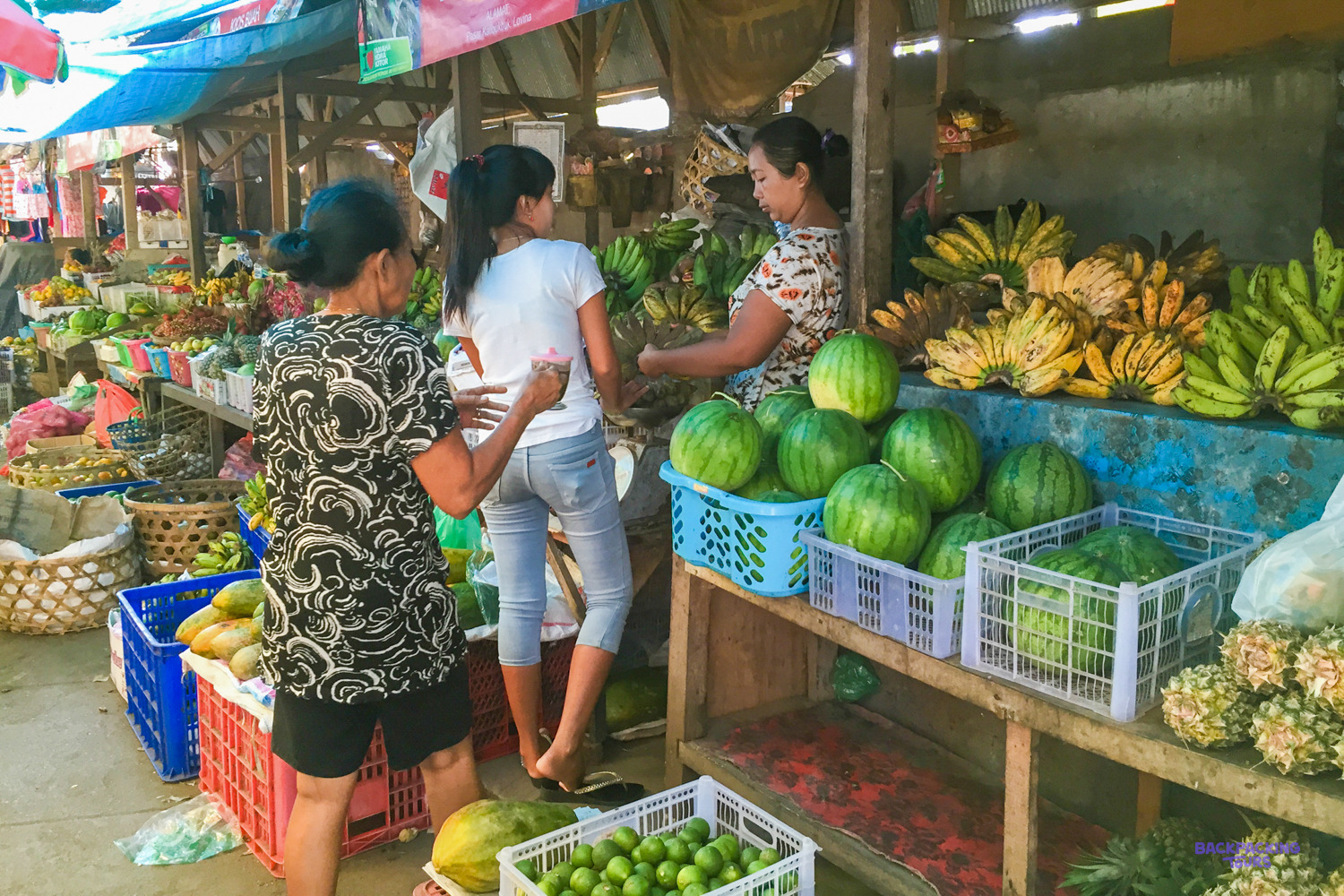 Local women shop for watermelons, bananas and limes at a fruit stall in Lovina market.