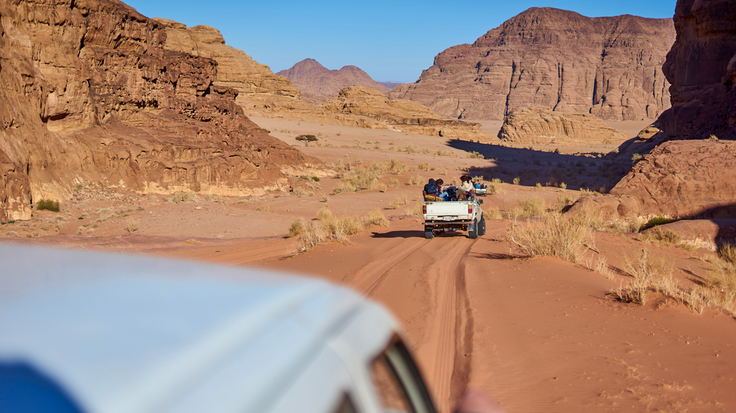 Jeeps drive through the vast, red desert landscape of Wadi Rum under a clear sky.
