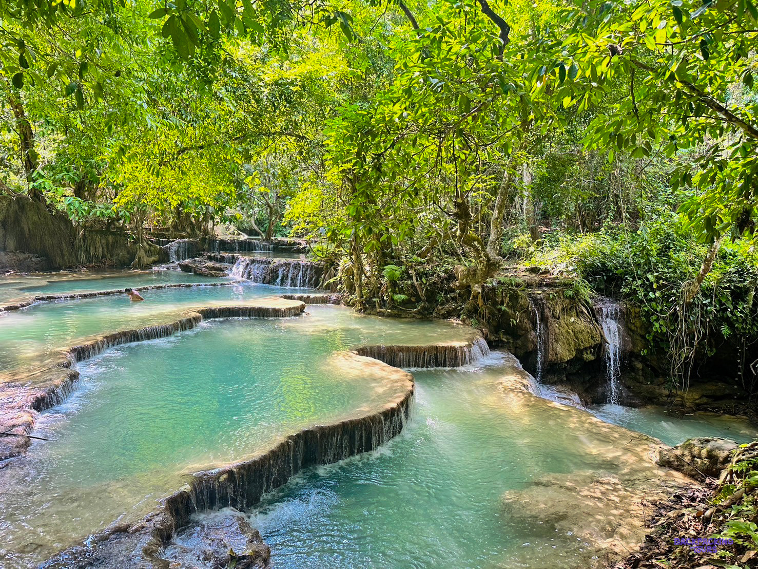 Shallow turquoise pools spill over limestone terraces under green trees at the Kuang Si waterfalls.