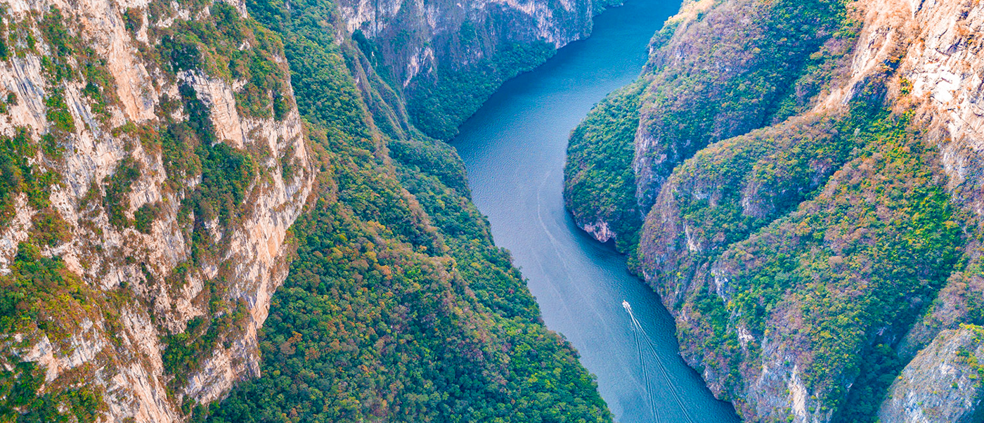 A boat cruises along the winding river through the lush green Sumidero Canyon with towering cliffs.
