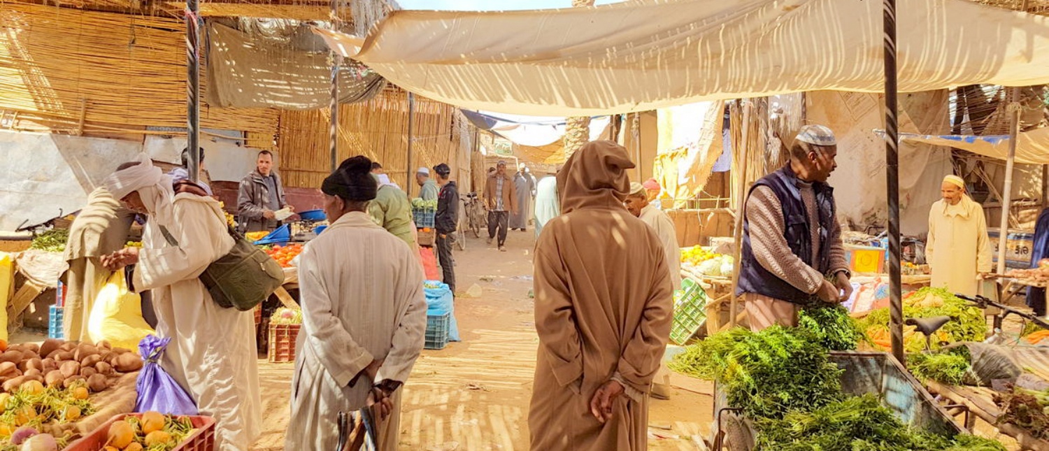 Bustling Rissani Market scene with people in traditional attire browsing fresh produce under shaded stalls.