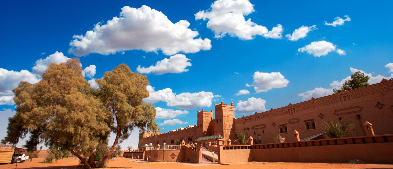 A traditional Moroccan kasbah hotel in the Merzouga Desert with a large tree and blue sky.