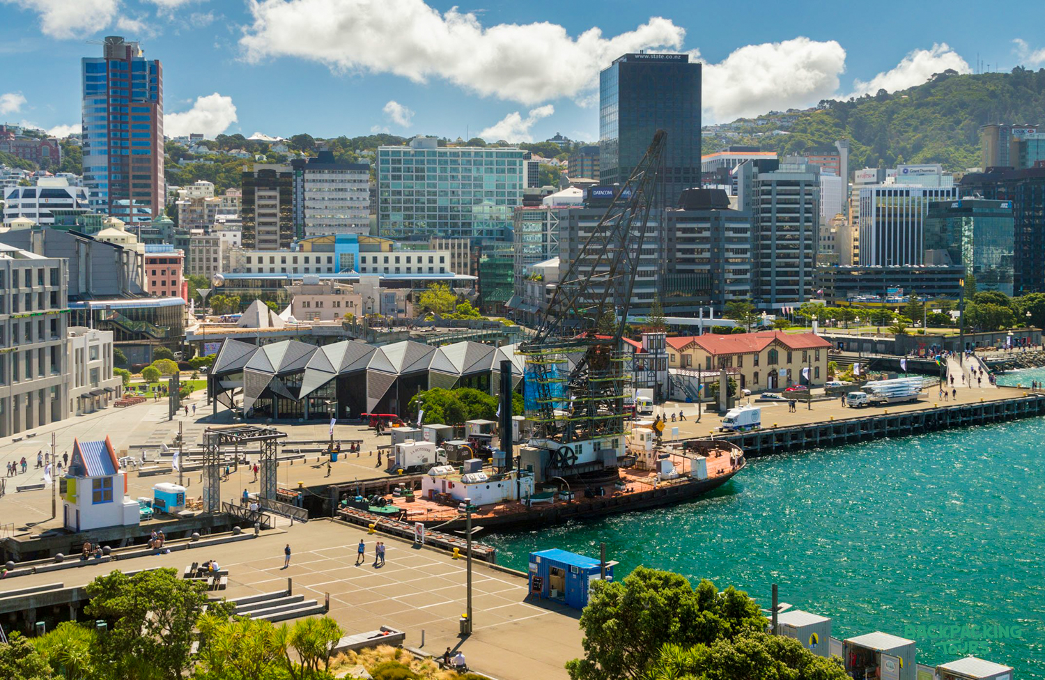 Wellington's scenic waterfront, showing modern buildings, a busy working harbor, and clear blue water.