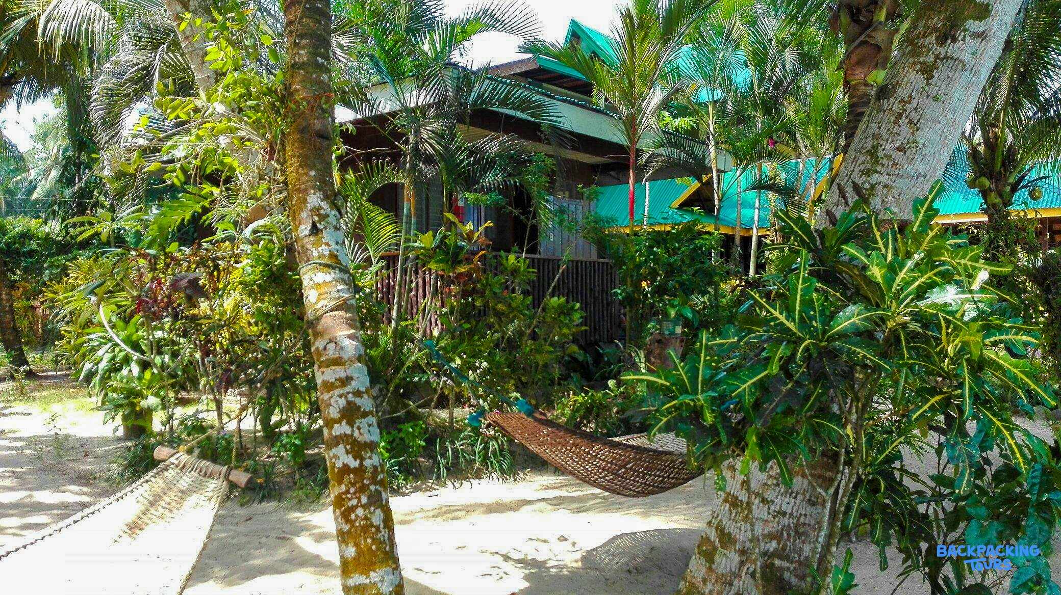 Two inviting hammocks hang between palm trees on a sandy beach at a tropical island cottage.