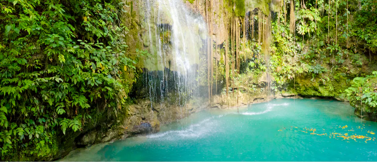 A beautiful tropical waterfall cascades into a vibrant turquoise swimming hole surrounded by lush green plants.