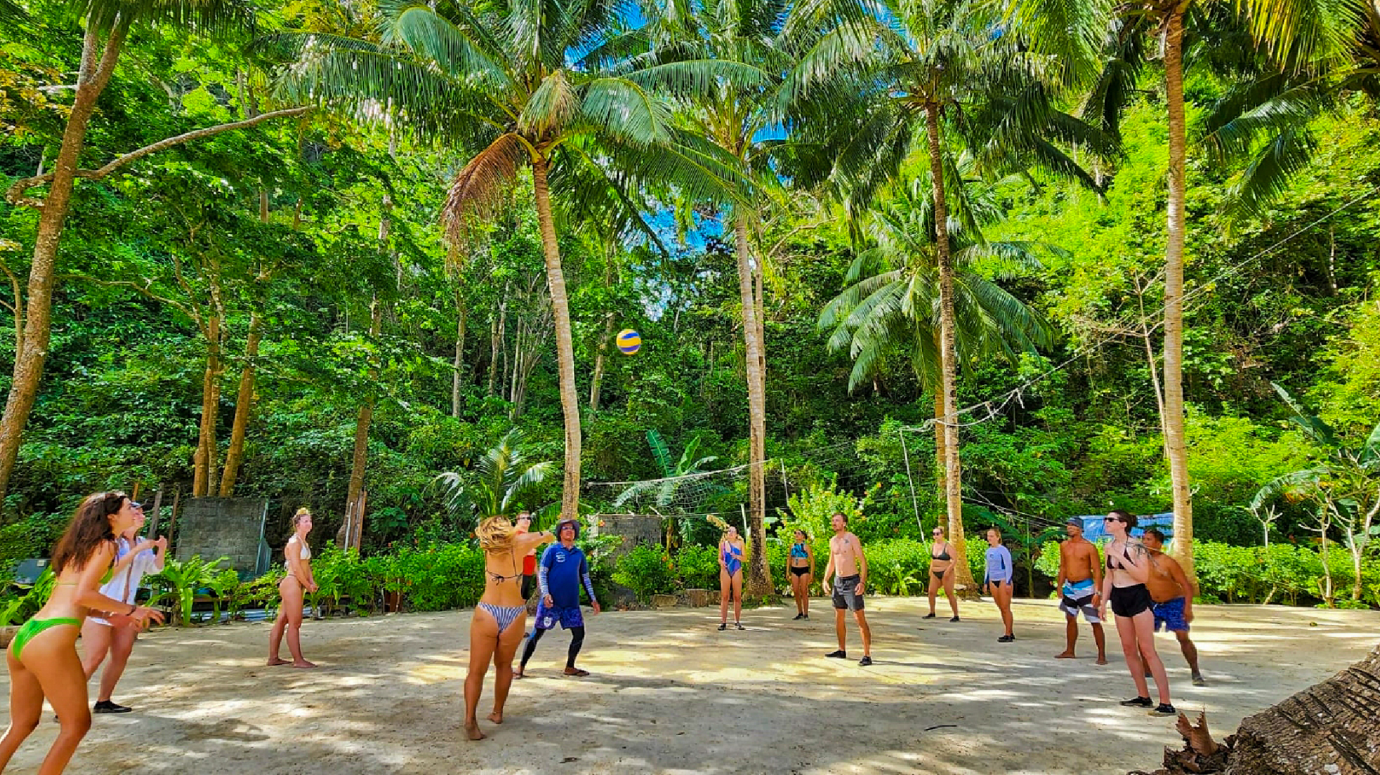 Young travelers play an energetic game of volleyball amidst lush palm trees in the Philippines.