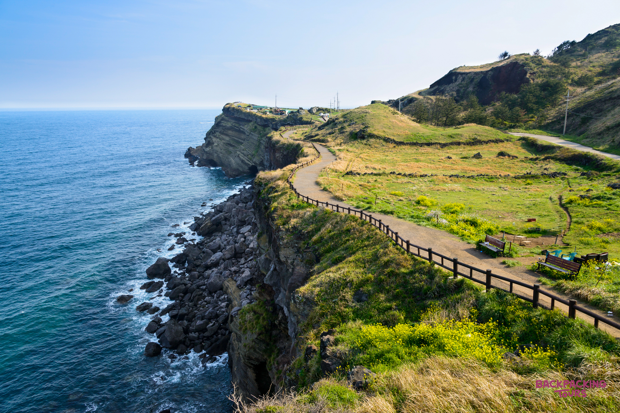 A winding path with a fence follows a grassy cliff overlooking the blue ocean on Jeju Island.