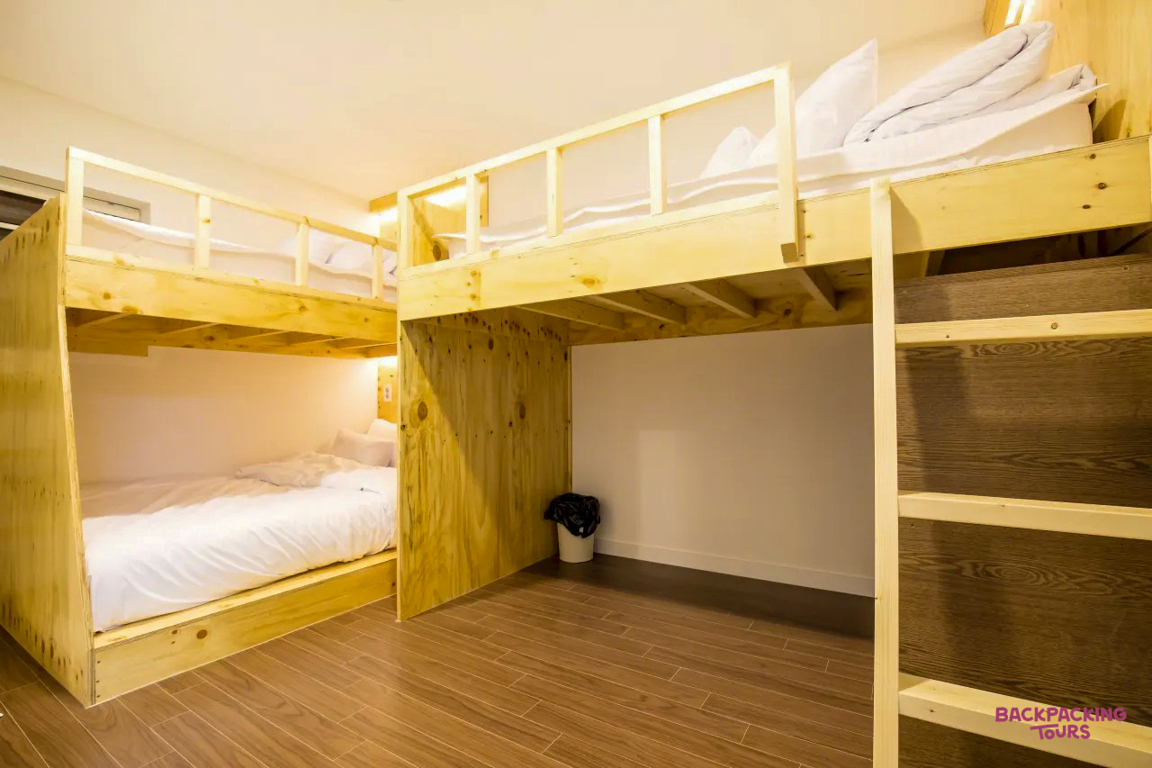 Clean wooden bunk beds in a bright hostel room in Seoul.