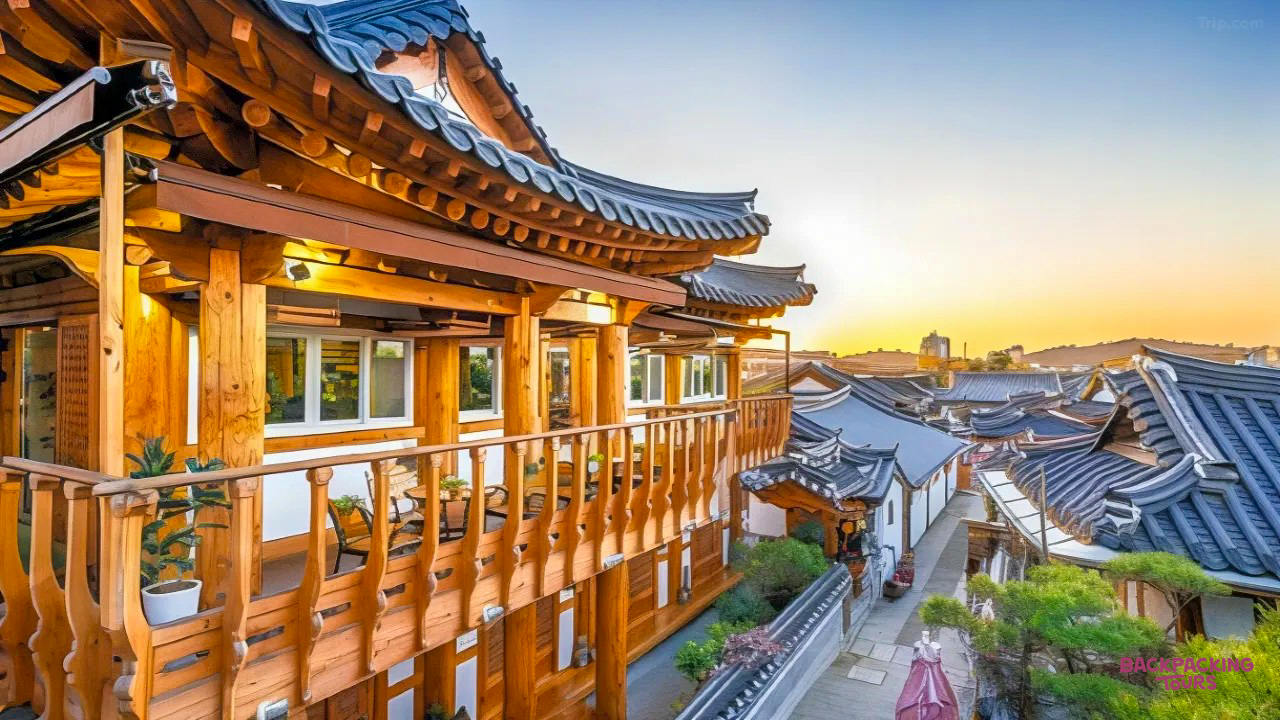 Traditional wooden Hanok guesthouse with a balcony overlooking the historic Jeonju village at sunset.