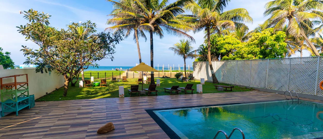 A sunny hotel swimming pool and lush green lawn with palm trees overlooking the ocean in Colombo.