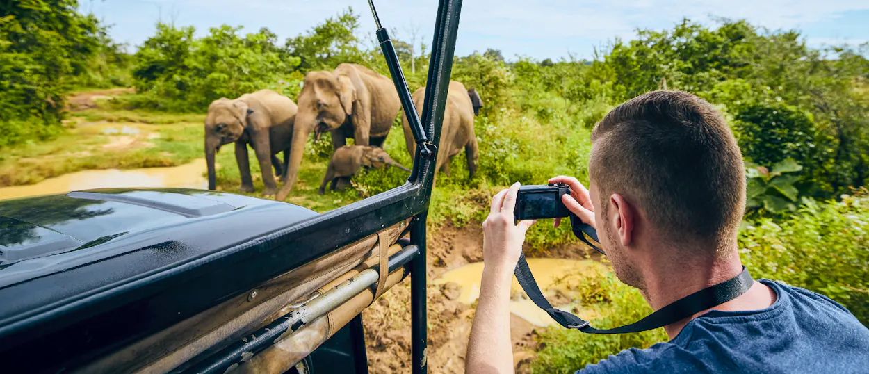 A man in a safari jeep photographs a family of elephants, including a baby, in Udawalawe National Park, Sri Lanka.