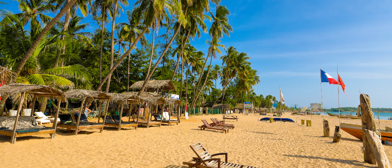 Sunny beach in Weligama, Sri Lanka, with palm trees, straw-roofed beds, and lounge chairs.