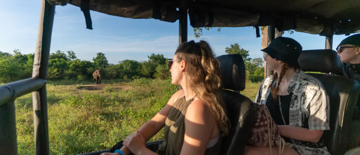 Excited travelers on a safari jeep watching a wild elephant in Udawalawe National Park.