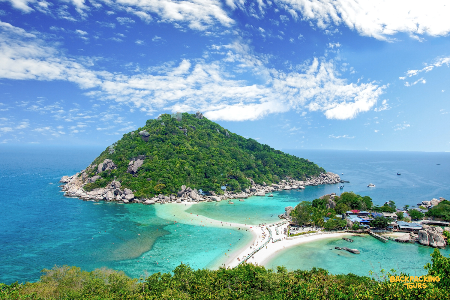 Breathtaking panoramic view of Koh Nangyuan, with its iconic sandbars connecting three tropical islands.